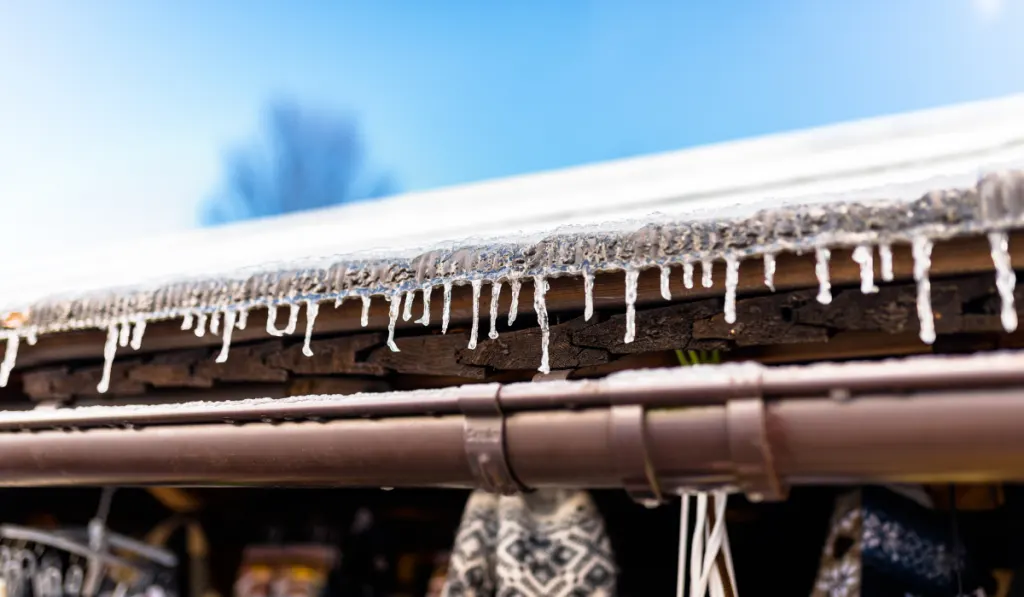 Hanging icicles from the roof of a wooden building