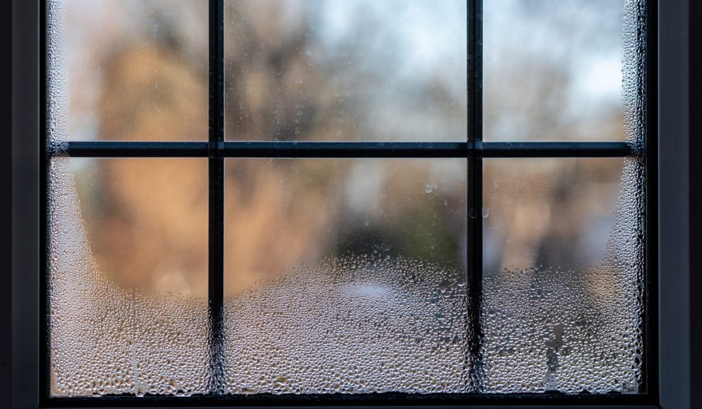 closeup leaded window with condensation