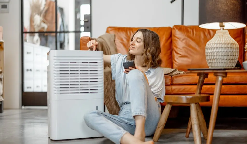 woman sitting with her new dehumidifier in her living room 