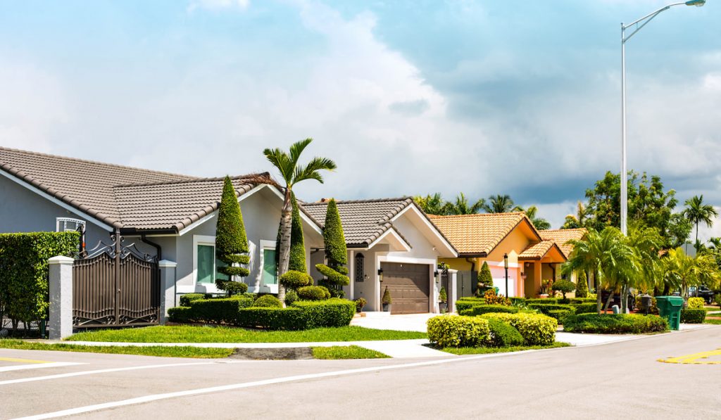 Set of Florida modern luxury houses in a residential neighborhood area.
