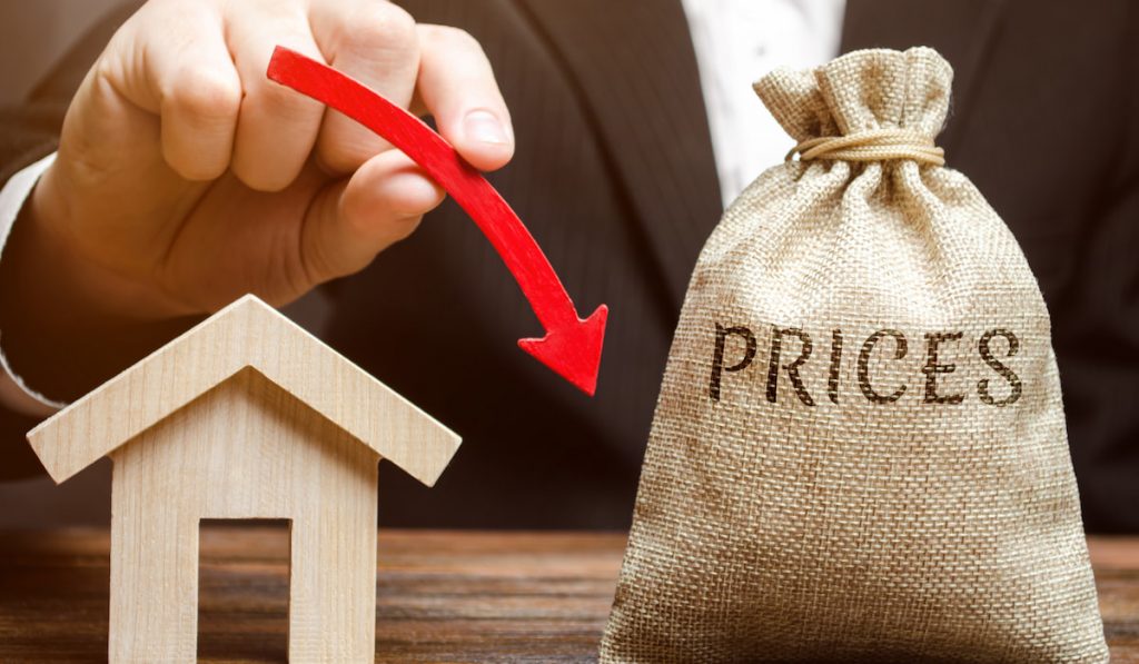 A bag with the word Prices, a miniature house and a down arrow in the hands of a businessman. The concept of reducing the market value of real estate