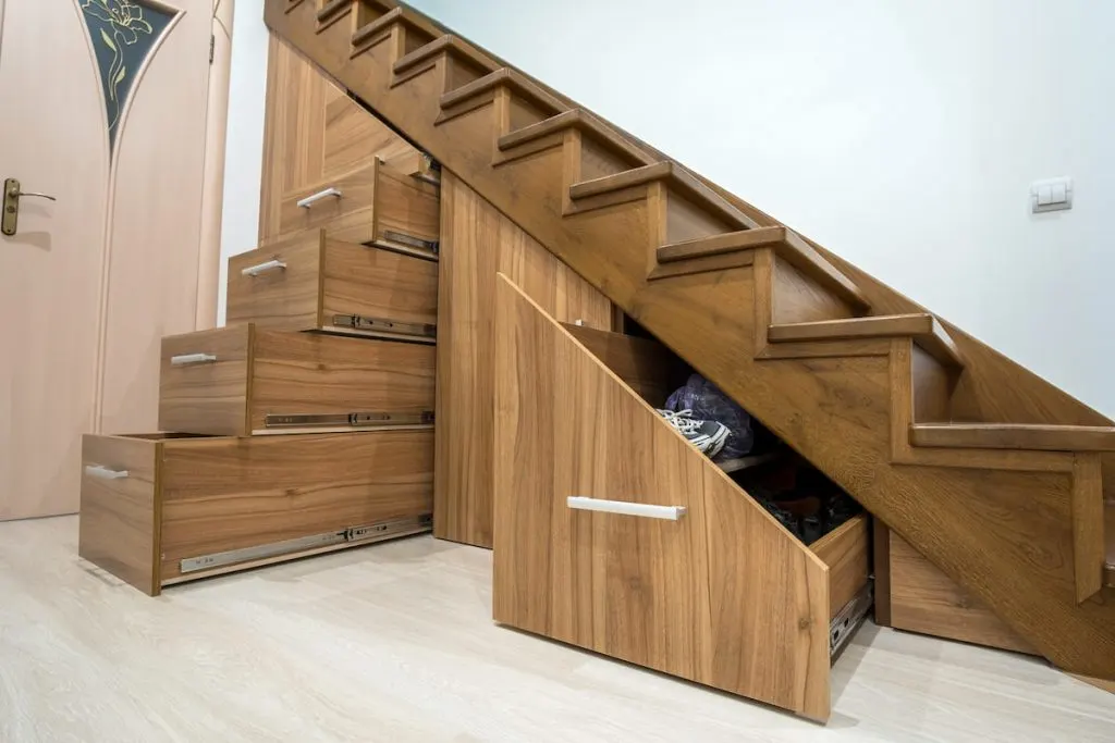 Custom built pullout cabinets under stairs, used for storage