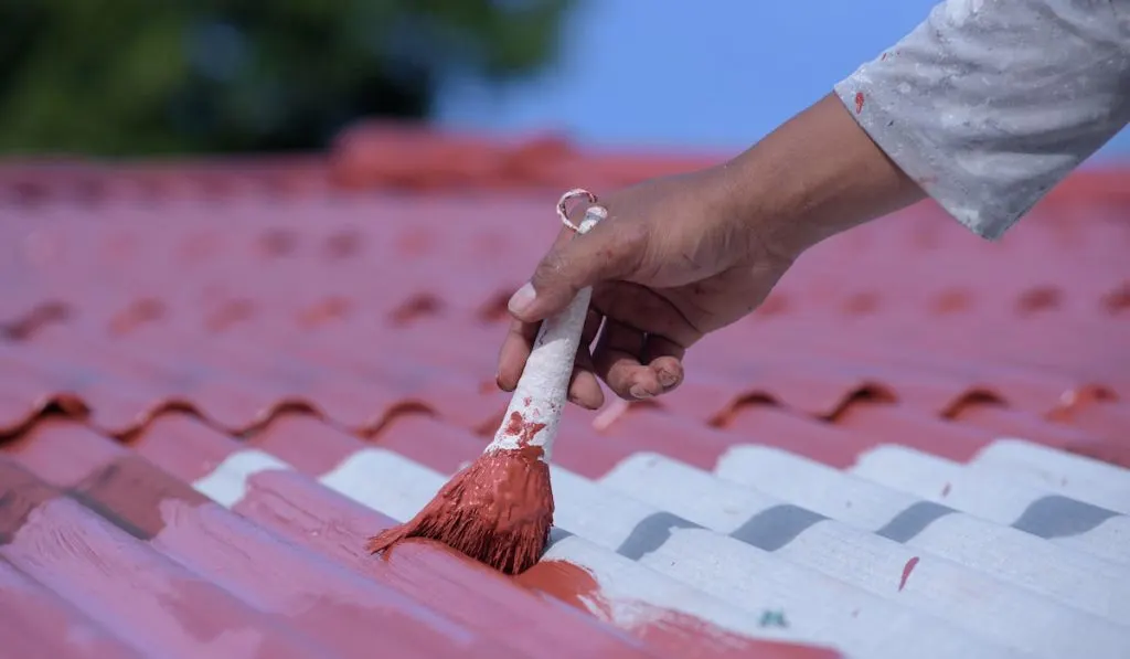 Painters paint the old roof tiles using red paint and brush