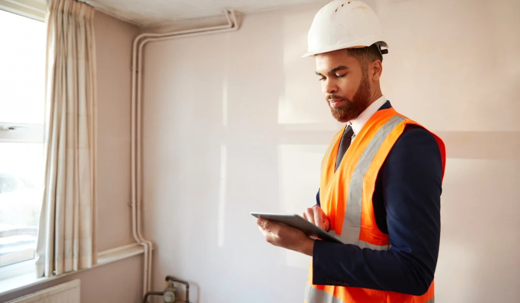 Surveyor In Hard Hat And High Visibility Jacket With Digital Tablet Carrying Out House Inspection