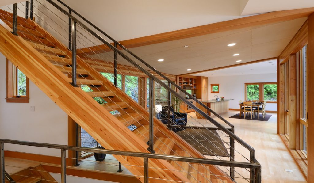 Wooden staircase in modern home