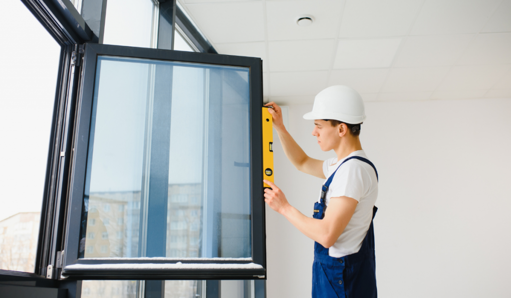 Workman in overalls installing or adjusting plastic windows in the living room at home
