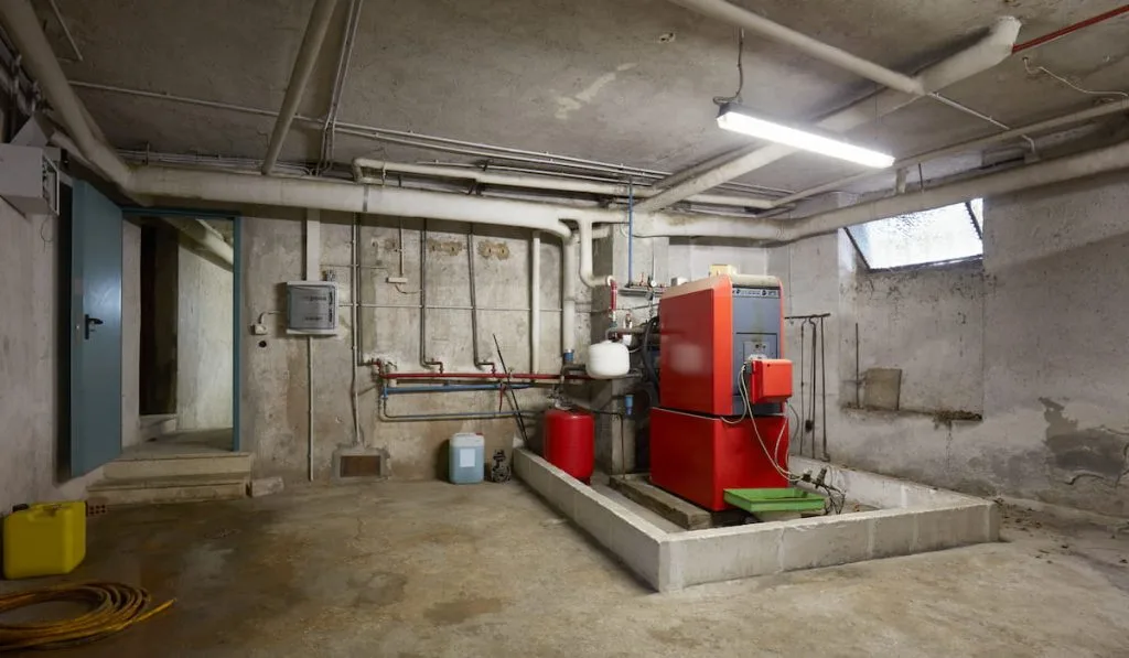 Basement with red heating boiler in old house