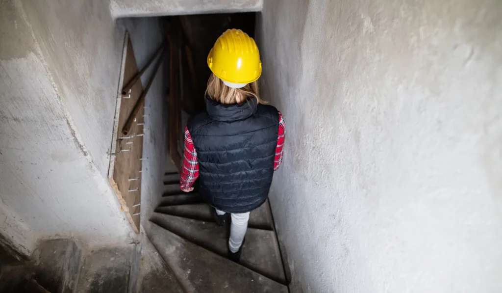 Young woman worker on the construction site.