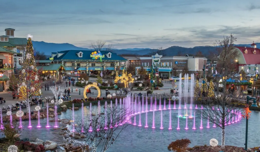 A colorful display from the island show fountain in Pigeon Forge, Tennessee
