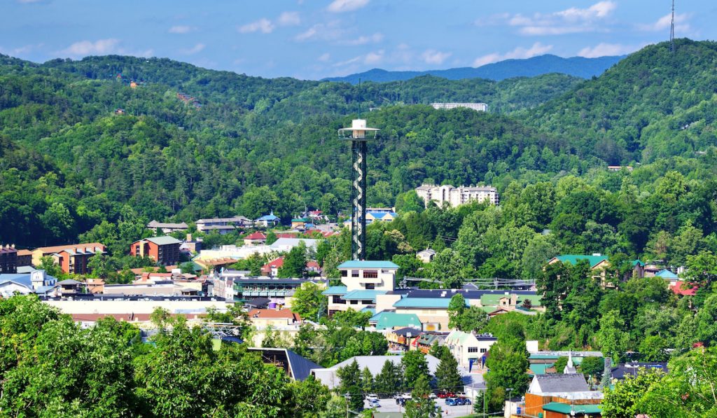 Aerial view of skyline of downtown Gatlinburg, Tennessee USA in great smoky mountains