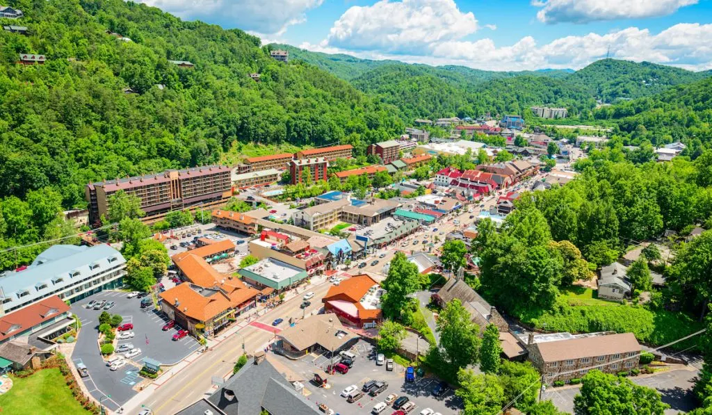 Gatlinburg, Tennessee, USA downtown view from above during summer season