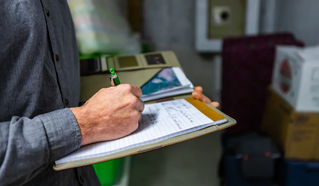 inspector holding a notebook in his hand during a home inspection in the basement